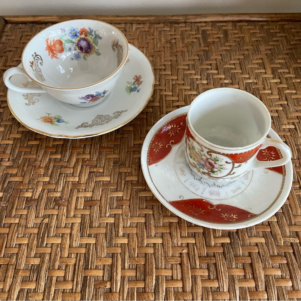 Vintage Schumann Germany US Zone Floral Teacup & Saucer Gold Trim + Demitasse